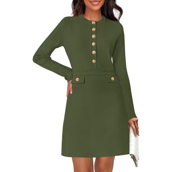 Fall 25 Long Sleeve Bodycon Army Green Sweater Dress Women Winter Formal Mini - Picture 1 of 6